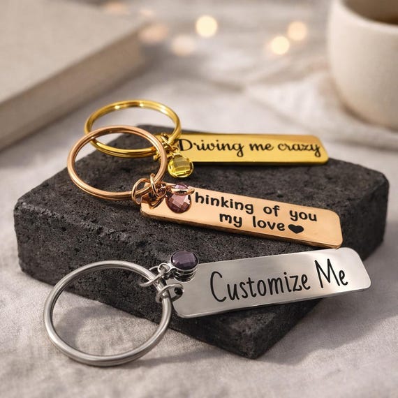 Custom Birthstone Keychain Key Ring , personalized jewelry, Engraved keychain, birthstone keychains, gift for her