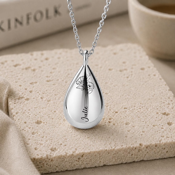 Custom Name Birth Flower Urn Necklace, Birth Flower Drop Urn Necklace for Ashes, Custom Engraved Ashes ,Personalized Memorial Jewelry
