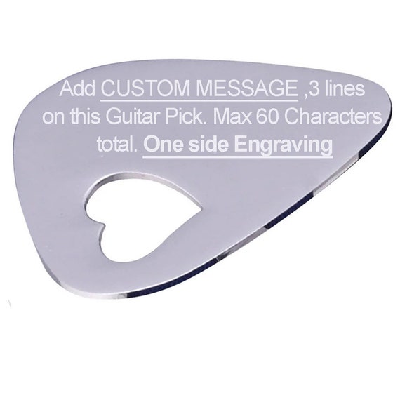 Personalised Guitar Pick with engraved 3 Lines / 60 Letters  message Gift with a Cut Out Heart plectrum