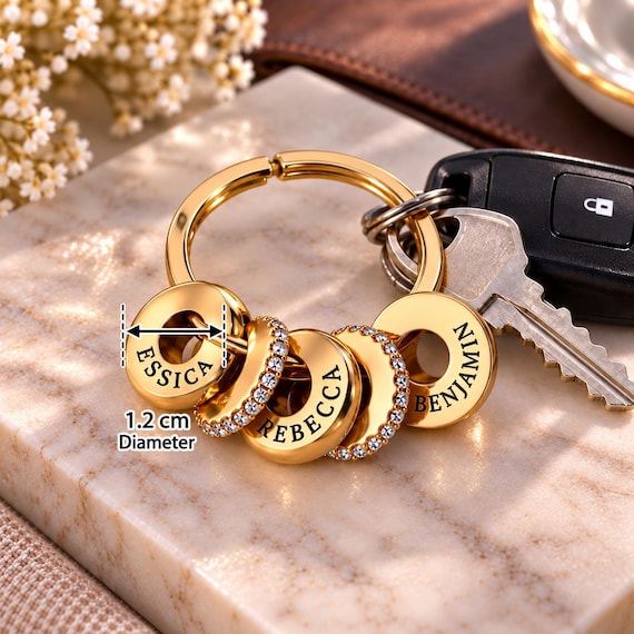 Custom Family Name Disc Keychain– Personalized  Engraved Bead Charms with Sparking Crystal Spacers, Mother’s Day & Family Gift