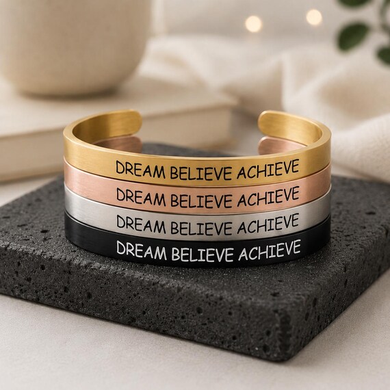 Inspirational cuff bracelet jewelry- Dream, Believe, Achieve – graduation gift for him, her, a boy or a Girl