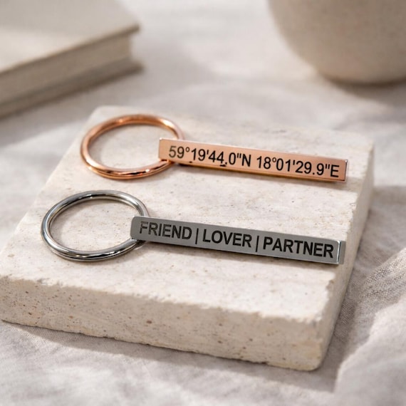Engraved Bar Key Chain. Personalized 1 to 4 Sided Bar KeyChain | Four Sided Keychain -Custom Coordinates Bar Keychain