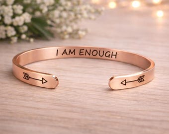 I am ENOUGH Inspirational Bracelets Cuff Jewelry Gift for Confidence  - Rose Gold