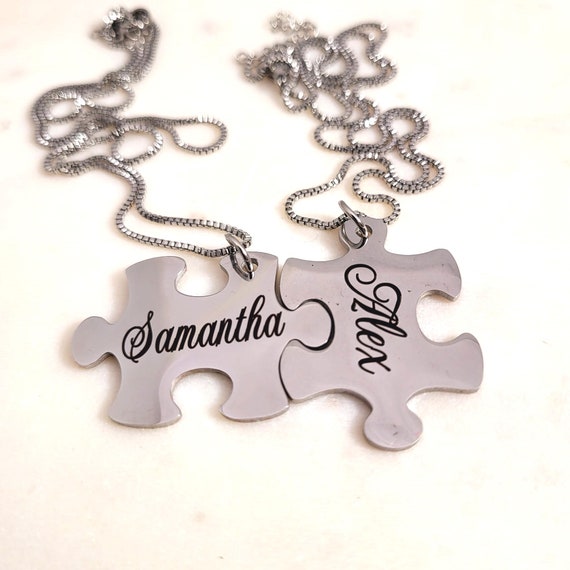 Personalized Name Puzzle Piece Pendant Necklace Jewelry Gift for Him, Her, Couples on Anniversary, Keepsake, Wedding, Valentines Day
