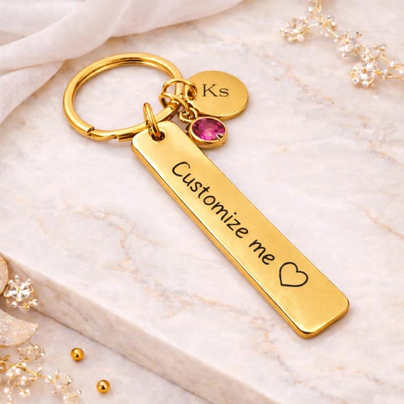 Custom Birth stone Key chain Key Ring , personalized jewelry, Custom Engraved key chain with birthstone gift for her