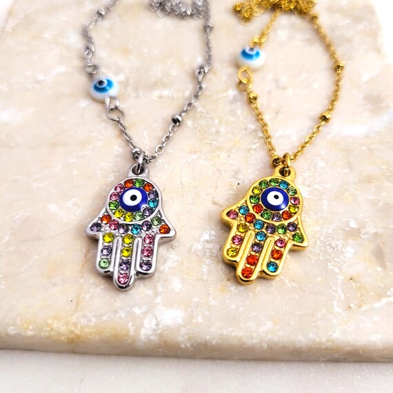 Personalized Captivating Hamsa Evil Eye Pendant Necklace Adorned with Glittering Crystals with Custom Initials