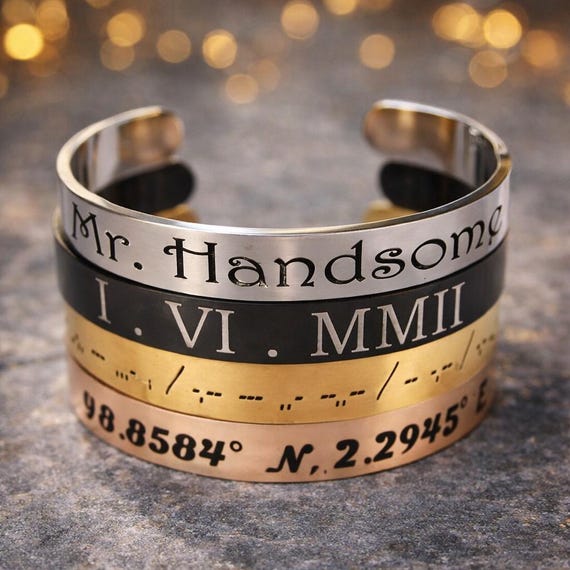 Personalized Men's Secret Message Bracelet, Hidden Text custom Engraved cuff.