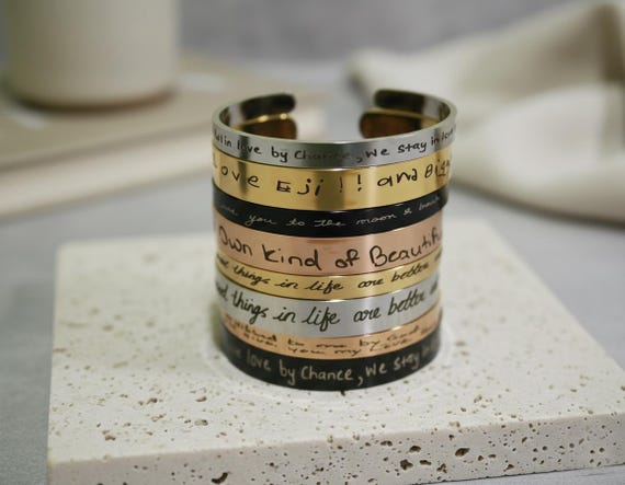 Actual Handwriting Memorial Bracelets with Actual Hand Writing of loved ones.  Handwriting Engraved Gifts Open Cuff Bangle.