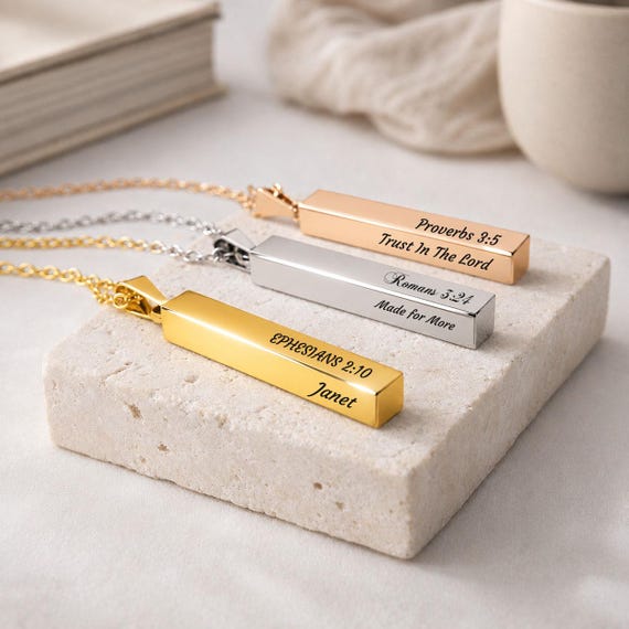 Custom 3D Bar Christian Necklace | Personalized Vertical Bar Bible Verse Necklace | Gift for Women, Men Engraved personalized jewelry