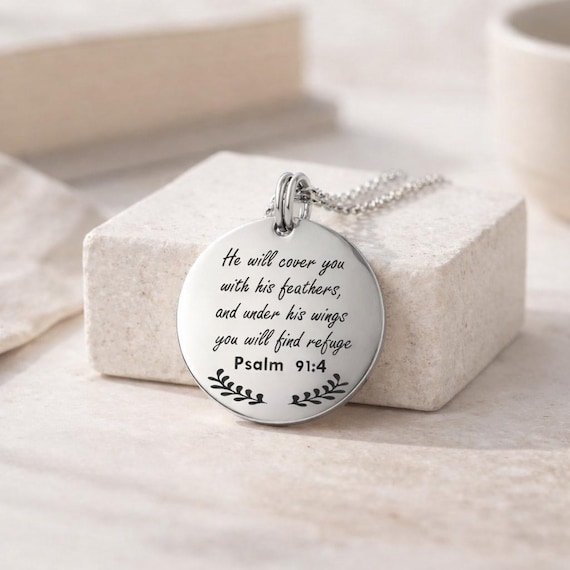 Psalm 91:4 Necklace. Stainless Steel Christian Jewelry & Faith Gift