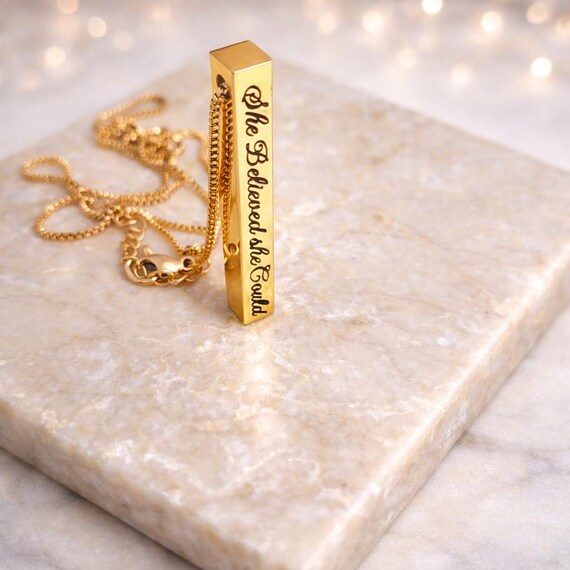Engraved "She believed she could so she did" - 3D Bar Vertical Pendant Necklace
