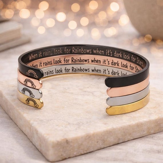 When it rains look for Rainbows when its dark look for Stars -Inspirational Gift Bracelet Rose Gold