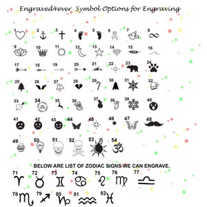 May include: A chart of 82 black and white symbols, including hearts, anchors, stars, trees, and animals. The symbols are numbered 1 through 82. Below the symbols is the text "BELOW ARE LIST OF ZODIAC SIGNS WE CAN ENGRAVE."  The zodiac signs are also black and white and are numbered 71 through 82.