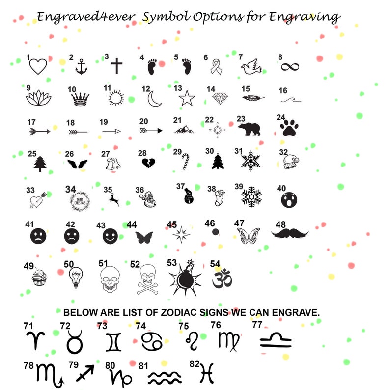 May include: A chart of 82 black and white symbols, including hearts, anchors, stars, trees, and animals. The symbols are numbered 1 through 82. Below the symbols is the text "BELOW ARE LIST OF ZODIAC SIGNS WE CAN ENGRAVE."  The zodiac signs are also black and white and are numbered 71 through 82.