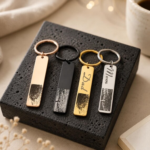 Personalized actual Fingerprint Memorial Bar Keychain Jewellery for men,women, Mom, Mother's Day Jewellery