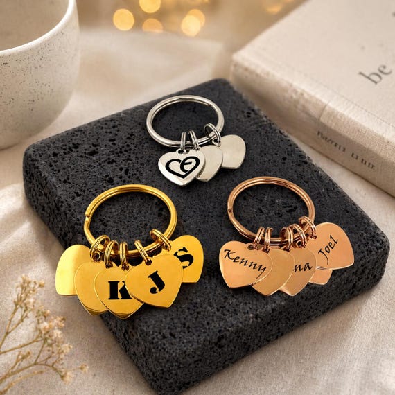 Personalised small heart multiple charm Keychain. Custom family keychain for Mom, Dad, Grandma, Grandad, Christmas, Mother's Day