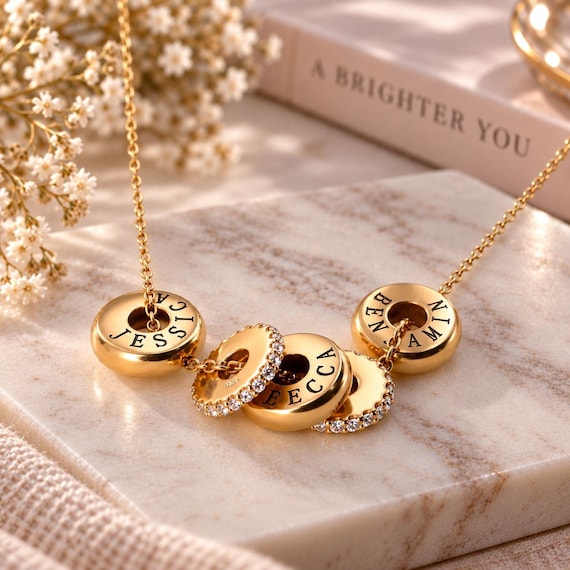 Custom Family Name Disc Necklace – Personalized  Engraved Bead Charms with Sparking Crystal Spacers, Mother’s Day & Family Gift