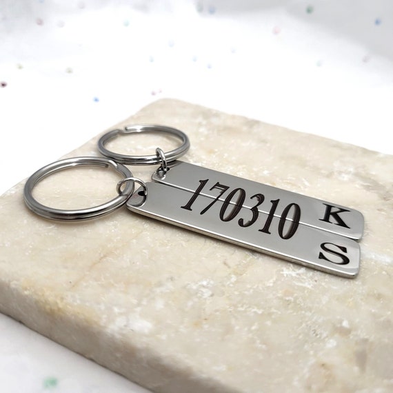 Matching Couples special date & initials Anniversary Wedding gift 2 piece keychain. Perfect wedding anniversary keepsake  2 Piece Keyring.