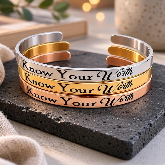 Know Your Worth Bracelet Cuff Affirmation Jewelry for Women Men Boys Girls.