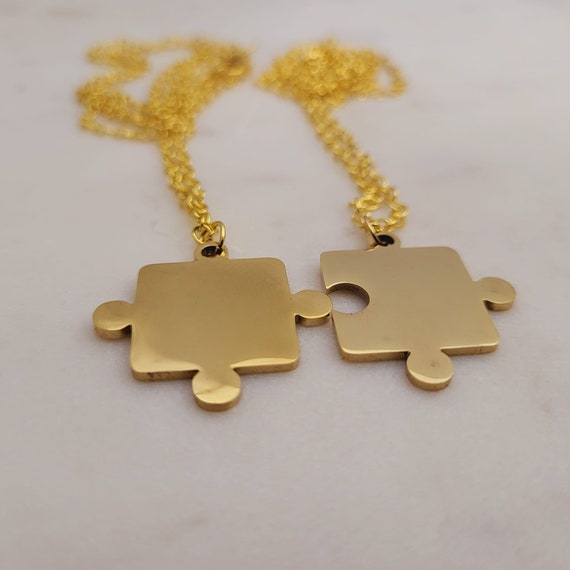 2 Pieces Couples Puzzle pieces pendant GOLD color charm with Chain Necklace stamping engraving Blank (His and Her)