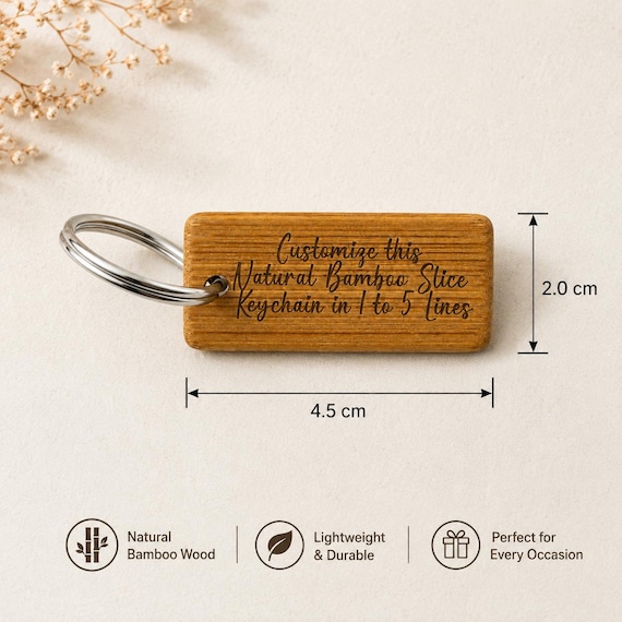 Personalized Bamboo slice Keychain, Natural Custom Engraved Gift