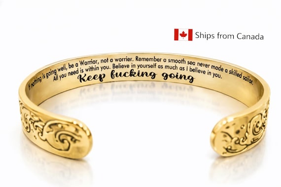 Inspirational Mantra Cuff Bracelet: "Keep Going" Stainless Steel Bangle -CA