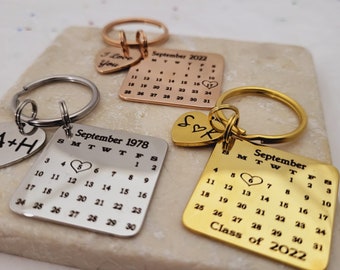 Calendar Date Keyrings & Key chain, Specific date Calendar Keychain Custom Date Engraved Personalised Keychains for Men women Him Her