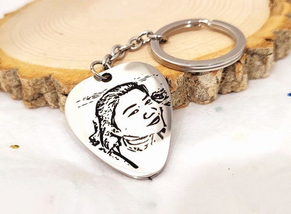 Custom Photo Sketch Engraving Gift and  Birthday Gift - Personalized Picture Engraved Guitar Pick Keychain.