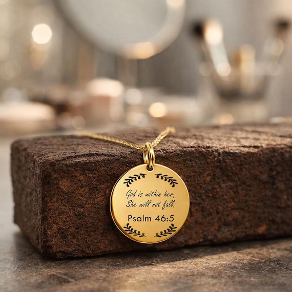 Psalm 46:5 Necklace – Bible Verse Christian Scripture Engraved Jewellery Gift. God is with her, she will not fall.