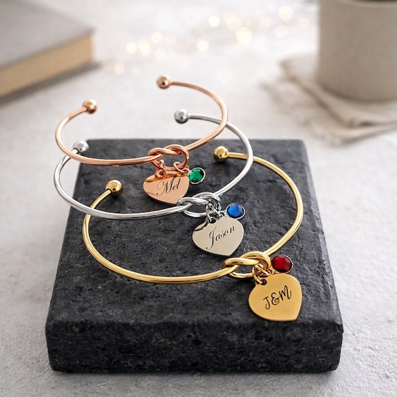 Birthstone Initial Charm Knot Bracelet with Custom Engraved Name / Initials