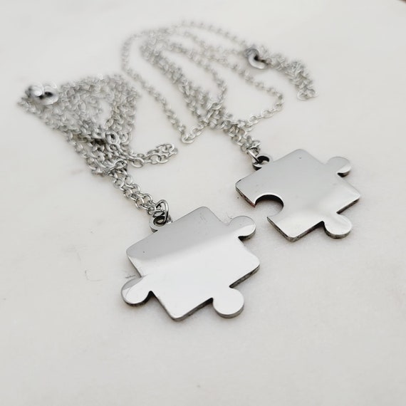 2 Pieces Couples Puzzle pieces pendant STEEL SILVER charm with Chain Necklace stamping engraving Blank (His and Her)