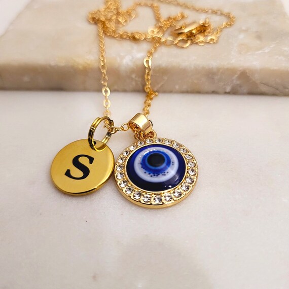 Evil Eye Pendant with Custom Initial Charm. Blue Evil Eye Necklace for Men & Women Gold Tone.