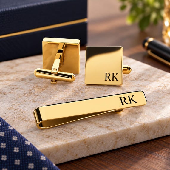 Personalized Gold Cufflinks & Tie Bar Set - Monogrammed Square Cuff links- Gifts for Groomsmen - 14K PVD Stainless steel