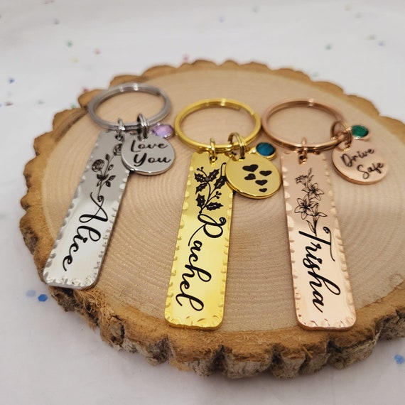 Personalized Birth Flower Key Chains Birth Month Flower Key Ring with Birth Stone for Women Men Personalised Floral gifts