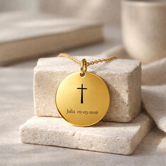 Custom Name And Date Cross Baptism Necklace For Her, Christian Jewelry, Confirmation Gift For Girls, Christmas Gift