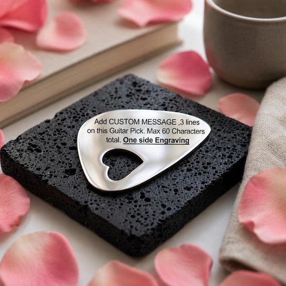 3 Lines Personalised Guitar Pick Custom message Gift with a Cut-Out Heart plectrum