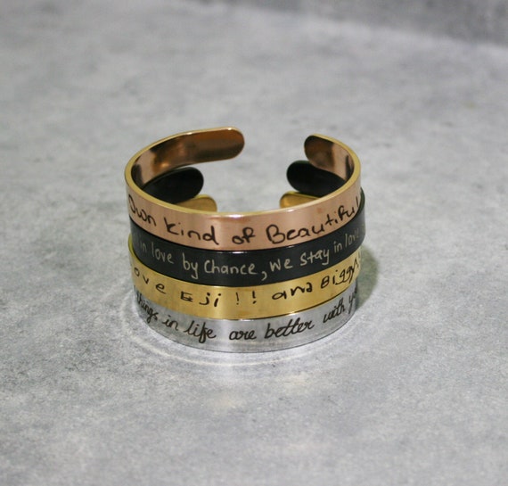 Actual Handwriting Bracelet Engraved Jewelry Gift for Men Children Him Her Rose Gold steel - Handwritten Bangle  cuff - Deep Engraving.