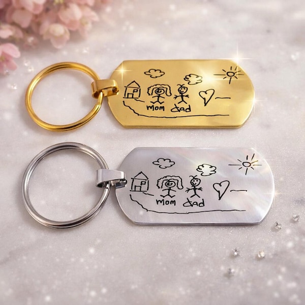 Sleutelhanger voor kinderen tekenen kunst. Sleutelhanger met getekende kinderschets. Uniek cadeau van kinderen die tekenen of schrijven. Replica van kindertekeningen.