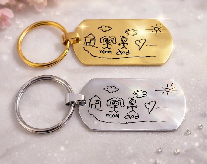 Kids Drawing Art Keychain. Childs Drawn sketch Keychain. Unique Gift from Child or Kids Drawing or Writing. Replica of Child art Drawings.