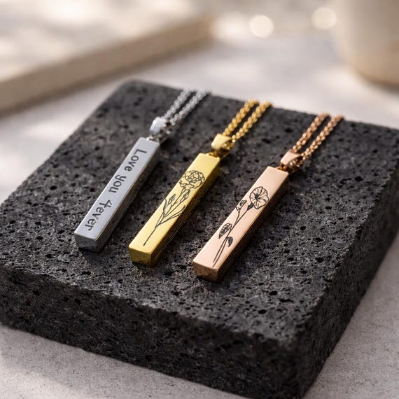 Custom Birth Flower Pendant Bar vertical 3D Necklace Personalized & Engraved for Daughters, Mom, Sister