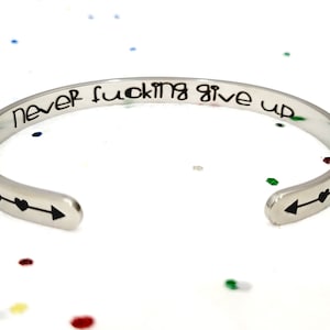 Inspirational Bracelet | Never Give Up - Cuff Bangle Mantra Quote Steel Motivational Jewelry Gift for Women Teen Girls Sister.