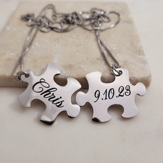 Puzzle Piece Pendant Necklace Jewelry Gift for Him, Her, Couples on Anniversary, Keepsake, Wedding, Valentines Day - Personalized Date Name