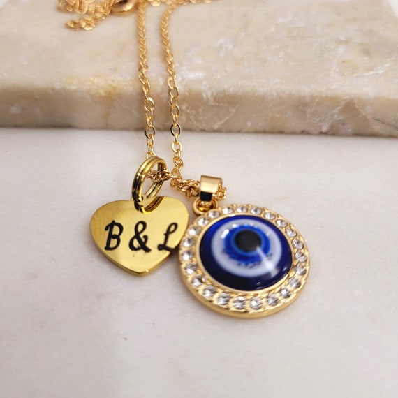 Personalized Evil Eye Necklace Pendant with Initial Heart Charm. Blue Evil Eye Necklace for Men & Women.