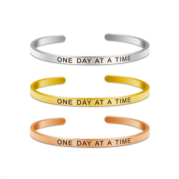 One Day at a Time Bracelets Inspirational Gift Jewelry Bangle & Sobriety Jewelry for Men and Women - motivational gift box