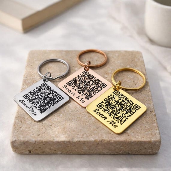 Personalised QR Code Keychain. Customized Metal QR Code Key chain Rose Gold, Gold Color and Steel Silver Metal Keychains.
