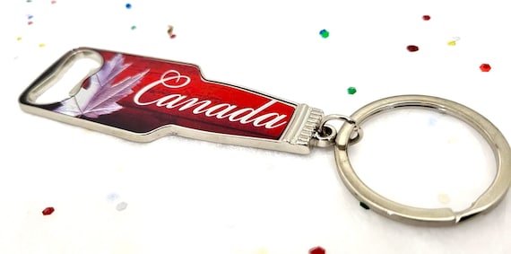 Personalized Canada Souvenir bottle opener Keychain with a Custom Engraved Message on Back.