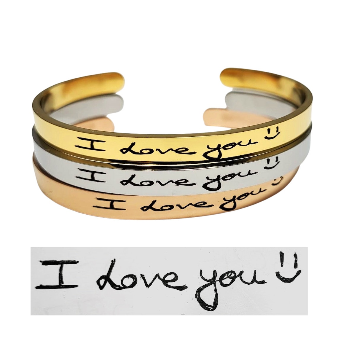 Personalized "I Love You" Handwritten Cuff Bracelet – Custom Engraved Handwriting Jewelry Gift