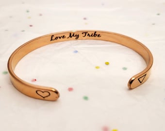 Love My Tribe Bracelet Bangle Cuff in Rose Gold, Gold & Steel Silver Colors.