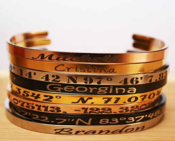 Skinny Cuff Mantra Bracelet, Personalize Custom Coordinates, GPS Bracelet, Stacking Bracelets, Engraved Cuff, Gold Cuff, Name Bracelet