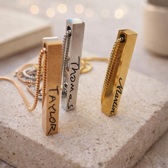 Custom Handwritten 3D BAR Name Necklace - Personalized Vertical 3D BAR Pendant Handwritten Jewelry. Handwriting Engraved Memorial Gift